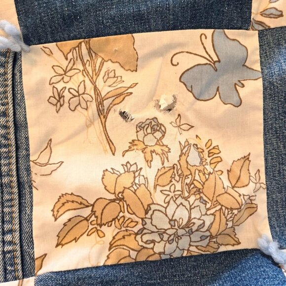 Vtg 70s Denim Blue Jeans Patchwork Crazy Quilt Pockets Labels Butterfly F/Queen - Picture 15 of 16